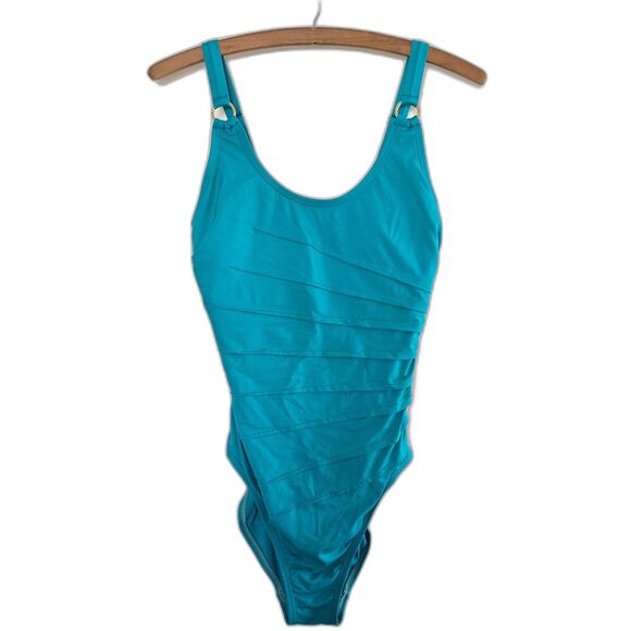 Calvin Klein Starburst Solid 1 Piece Swimsuit Scoop Neck Turquoise Teal Blue 8 - Picture 1 of 5